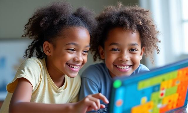 Niños colaborando frente a una computadora