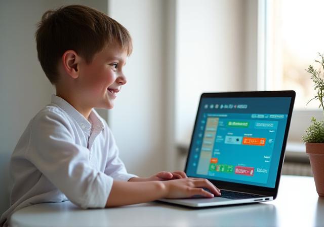 Niño sonriente usando una laptop con bloques de código coloridos