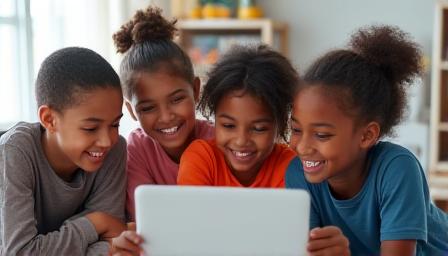 Niños felices aprendiendo programación