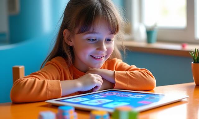 Niño aprendiendo programación con bloques visuales