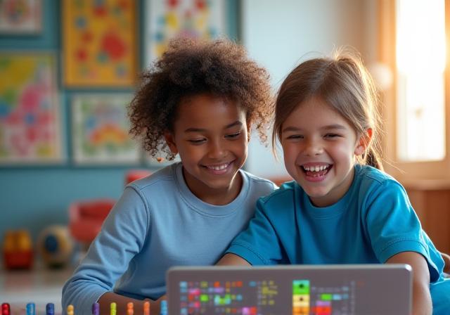 Niños felices interactuando con laptops en un entorno educativo lúdico