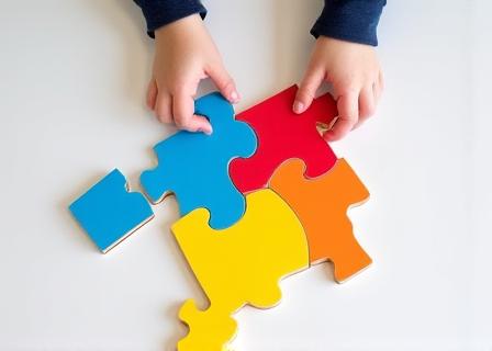 Manos de niños moviendo piezas de un rompecabezas de lógica colorido